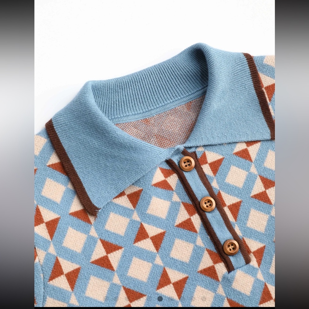 Cider Geometric Knit Polo Sweater in Light Blue, Brown, White - Picture 7 of 12